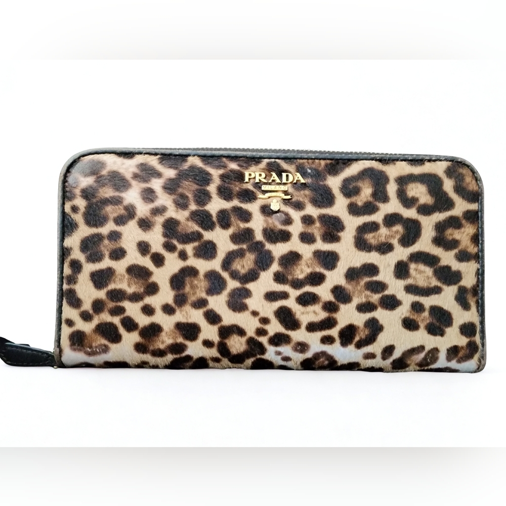 PRADA Leopard Print Pony Hair Zippy Wallet
